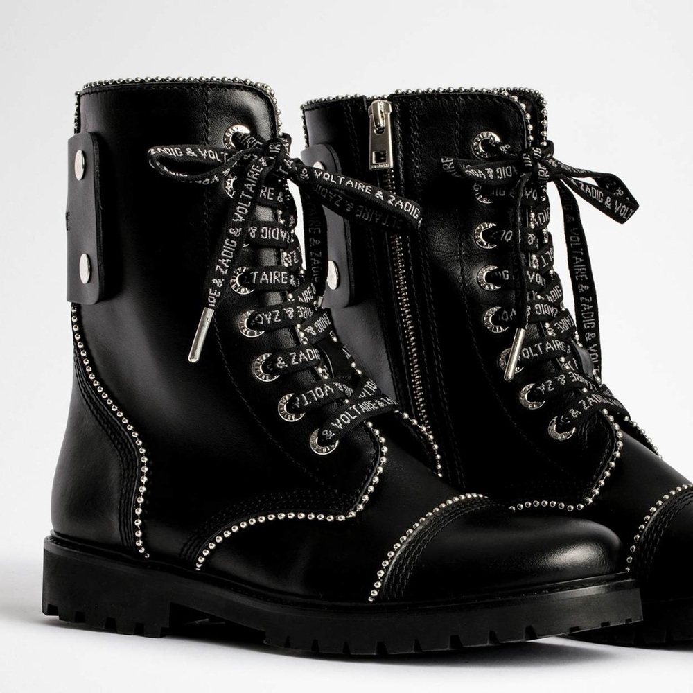 NIB Zadig & Voltaire Joe Ankle Boots Smooth Leather Studded Combat Black Sz 41